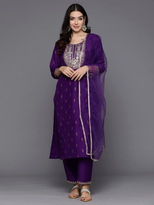 Women Purple Embroidered Straight Kurta Trousers With Dupatta Set