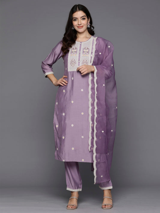 Women Lavender Embroidered Straight Kurta Trousers With Dupatta Set