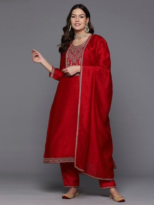 Women Red Embroidered Straight Kurta Trousers With Dupatta Set