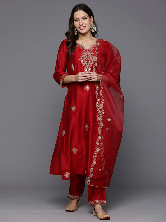 Women Red Embroidered Straight Kurta Trousers With Dupatta Set