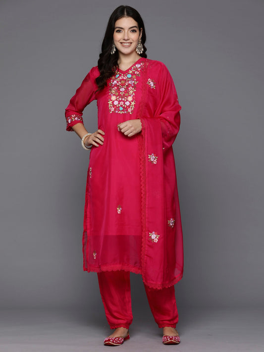 Women Magenta Embroidered Straight Kurta Trousers With Dupatta Set