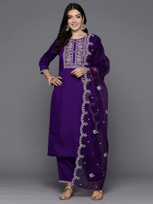 Women Purple Embroidered Straight Kurta Trousers With Dupatta Set