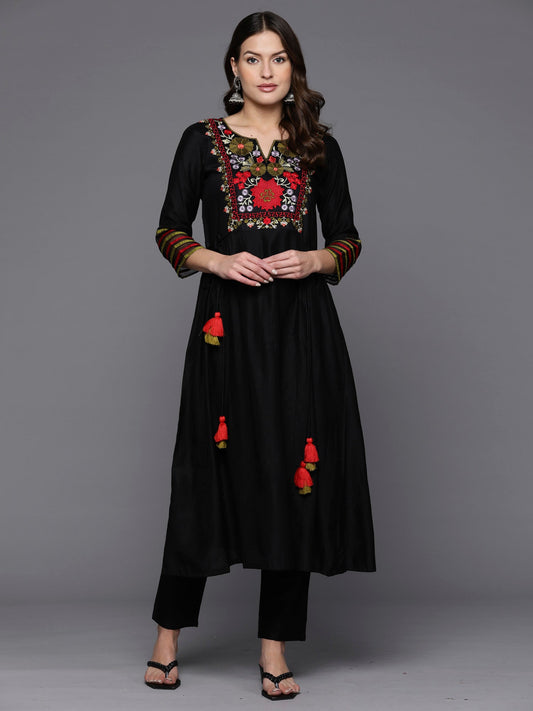 Women Black Embroidered A-Line Kurta Trousers  Set