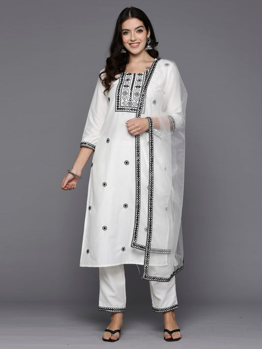 Women White Embroidered Straight Kurta Trousers With Dupatta Set