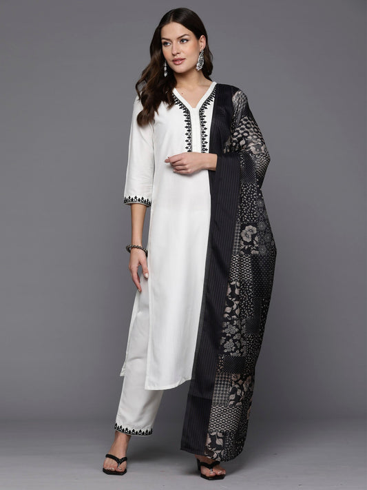 Women White Embroidered Straight Kurta Trousers With Dupatta Set