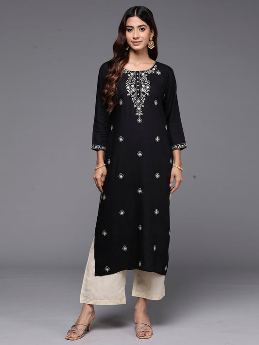 Women Black Embroidered Straight Kurtas