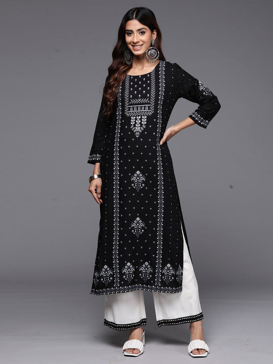 Women Black Printed Straight Kurtas