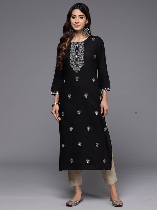 Women Black Embroidered Straight Kurtas