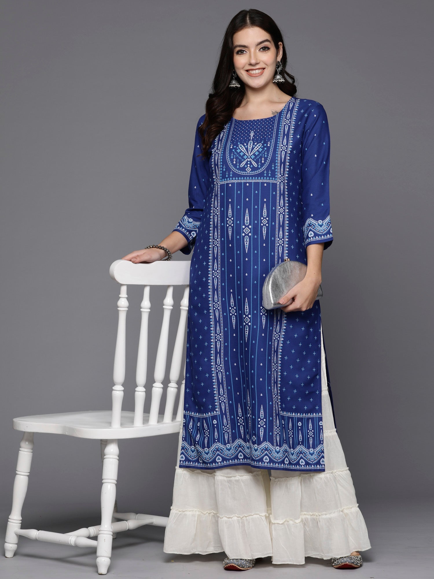 Women Blue Printed Straight Kurtas