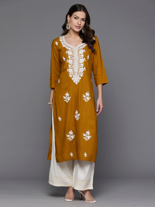 Women Mustard Embroidered Straight Kurtas