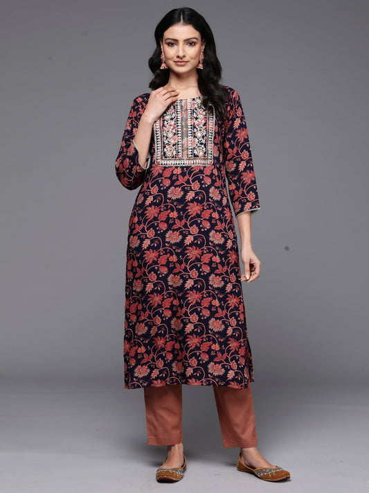 Women Navy Blue Printed Straight Kurtas