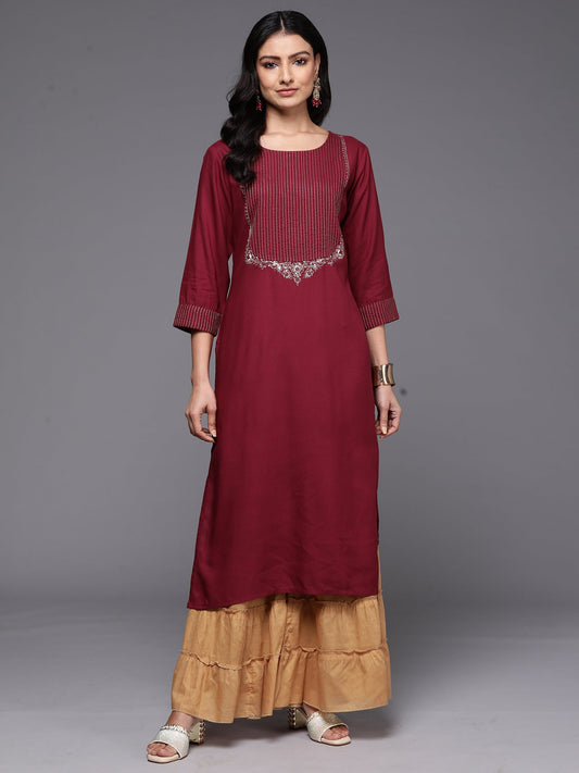 Women Burgundy Embroidered Straight Kurtas