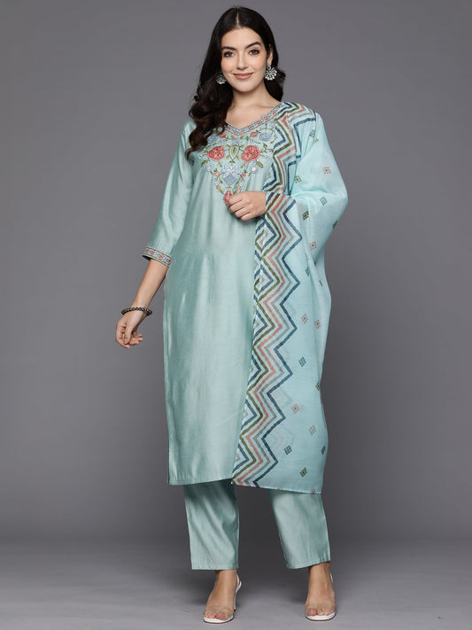 Women Blue Embroidered Straight Kurta Trousers With Dupatta Set