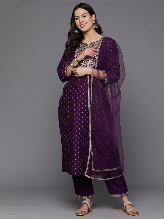 Women Purple Embroidered Straight Kurta Trousers With Dupatta Set