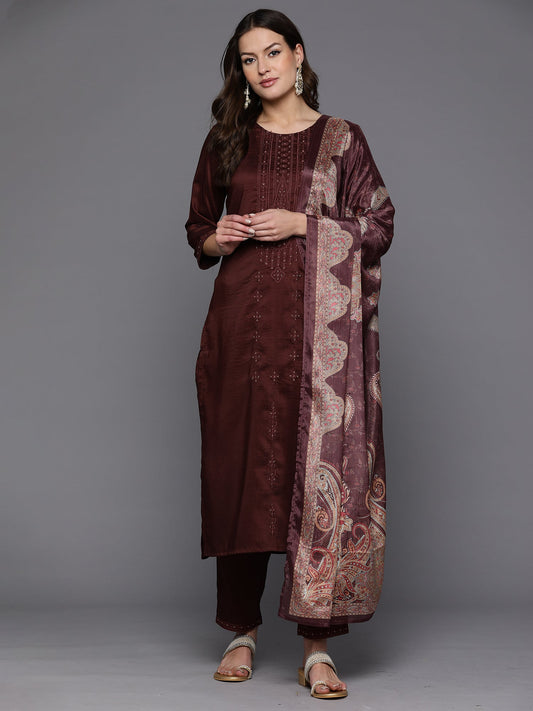 Women Burgundy Embroidered Straight Kurta Trousers With Dupatta Set