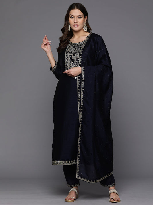 Women Navy Blue Embroidered Straight Kurta Trousers With Dupatta Set