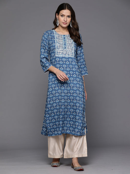 Women Blue Printed Straight Kurtas