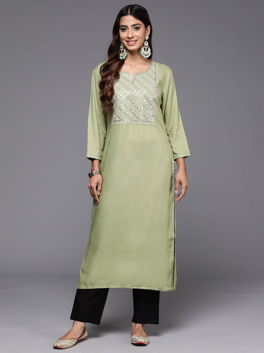 Women Green Embroidered Straight Kurtas