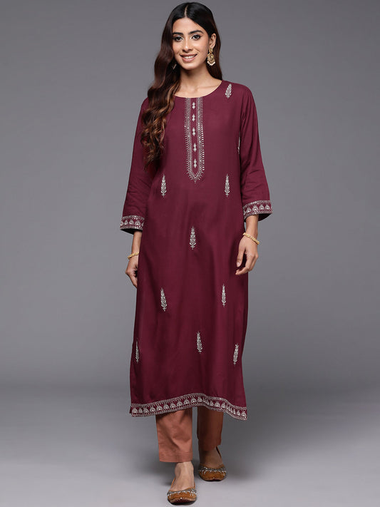 Women Maroon Embroidered Straight Kurtas