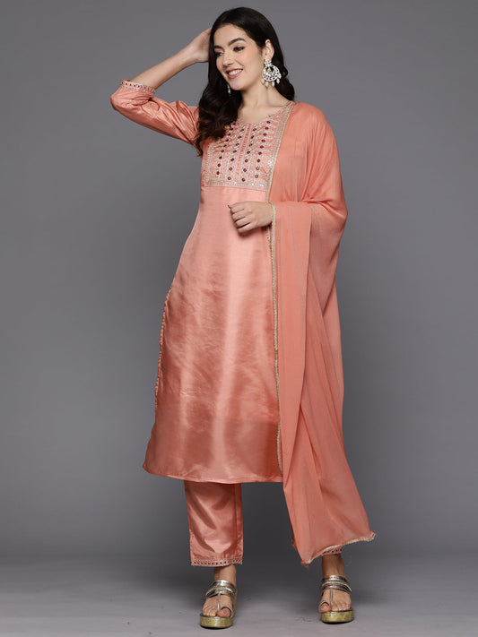 Women Peach Embroidered Straight Kurta Trousers With Dupatta Set