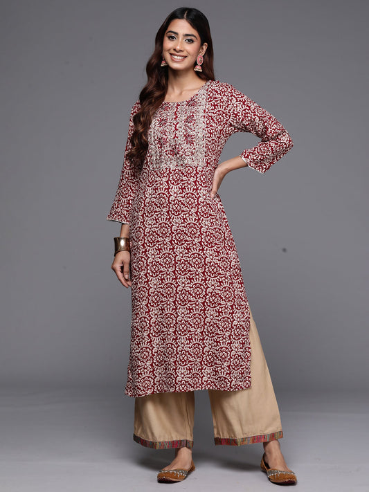 Women Maroon Printed Straight Kurtas