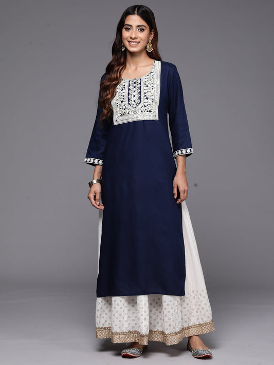 Women Navy Blue Embroidered Straight Kurtas