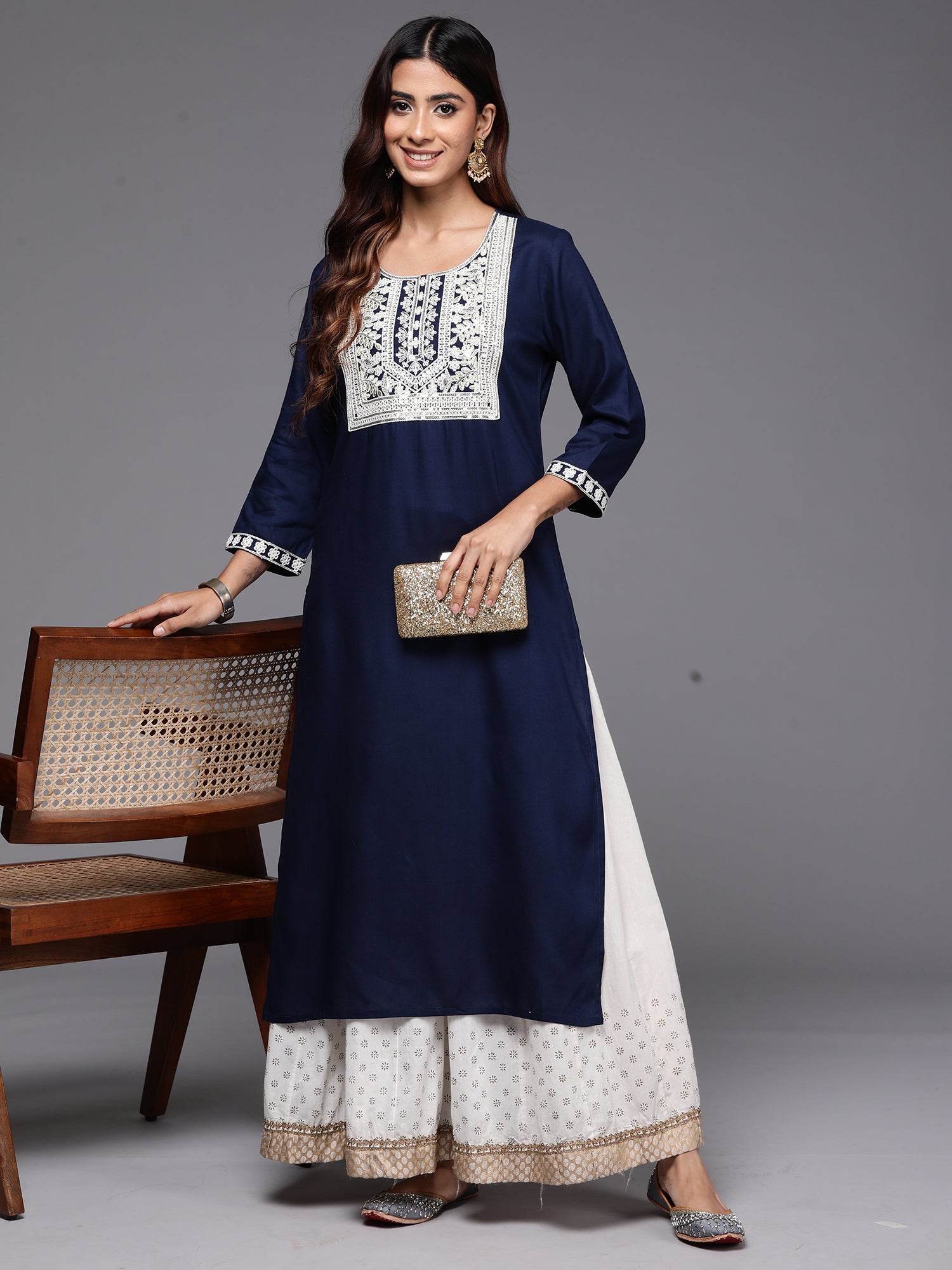 Women Navy Blue Embroidered Straight Kurtas