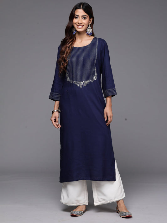 Women Navy Blue Embroidered Straight Kurtas