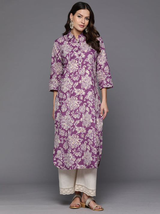 Women Purple Printed Straight Kurta Palazzos Set