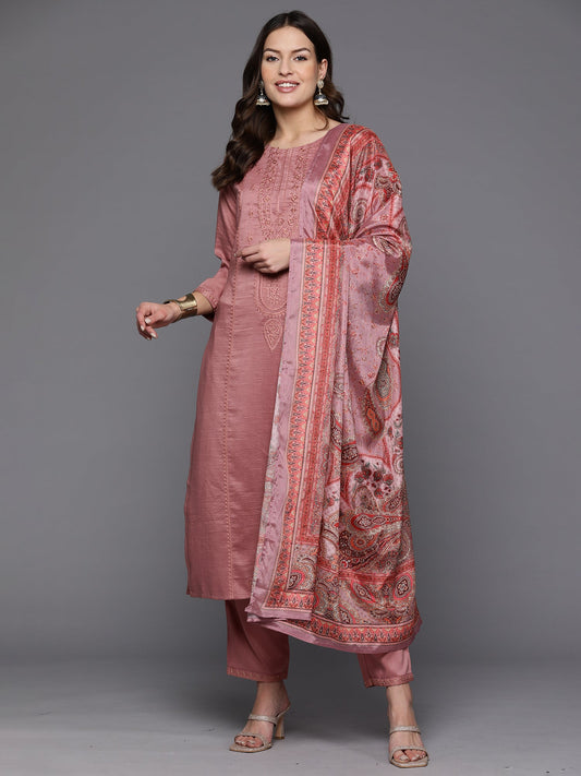 Women Mauve Embroidered Straight Kurta Trousers With Dupatta Set