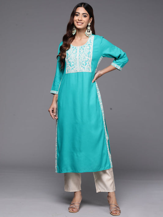 Women Blue Embroidered Straight Kurtas