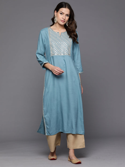 Women Blue Embroidered Straight Kurtas