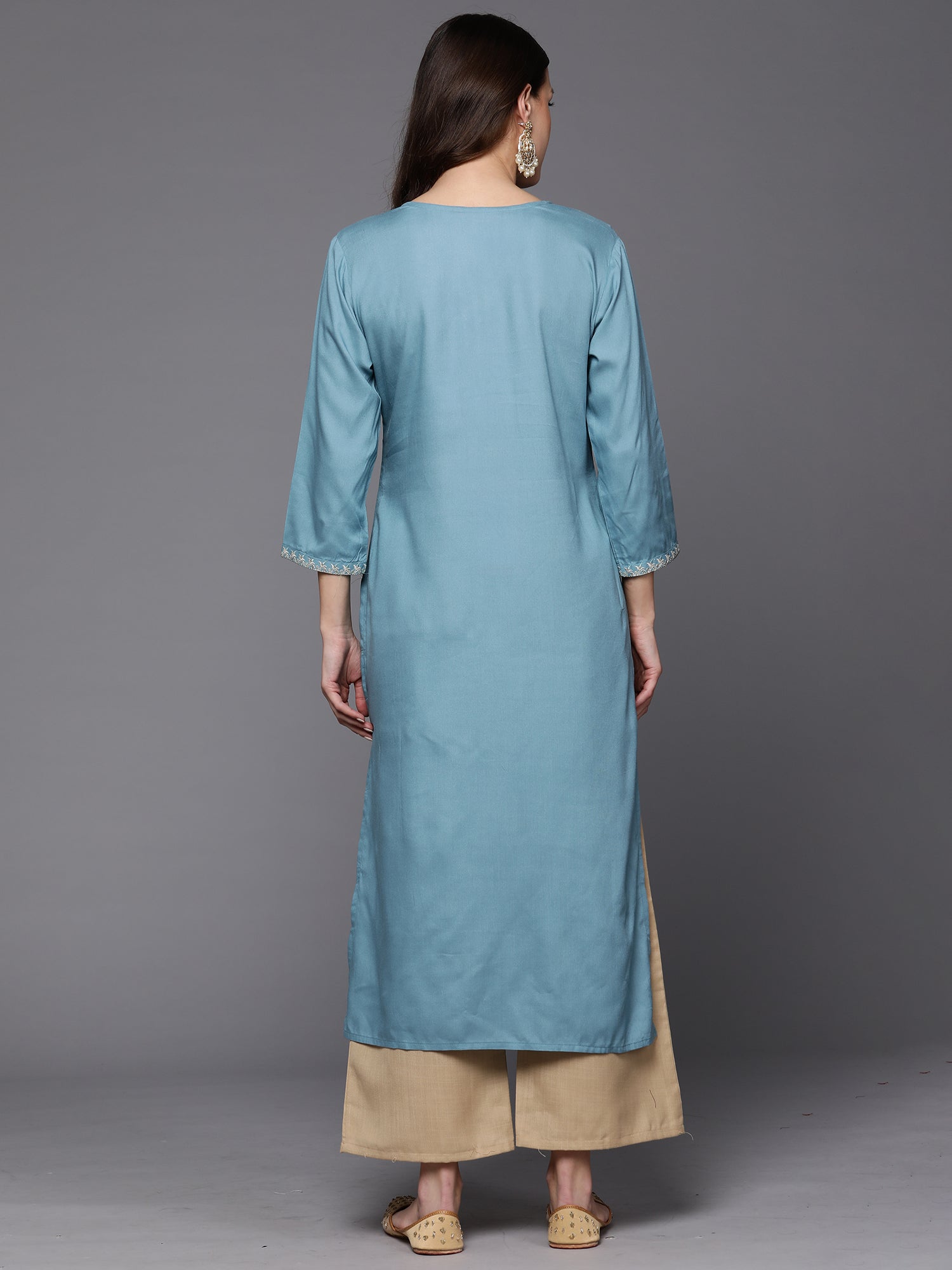 Women Blue Embroidered Straight Kurtas