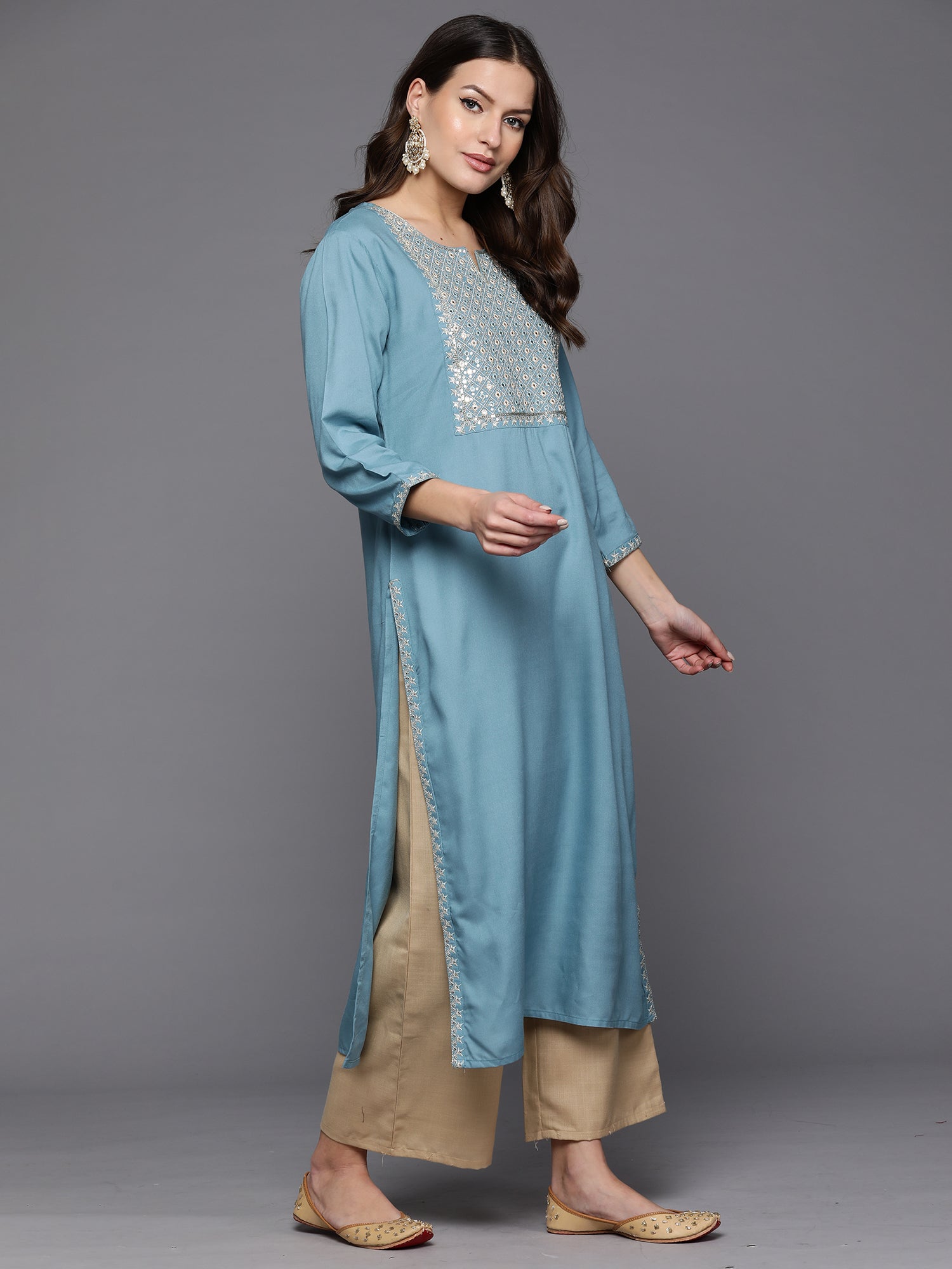 Women Blue Embroidered Straight Kurtas
