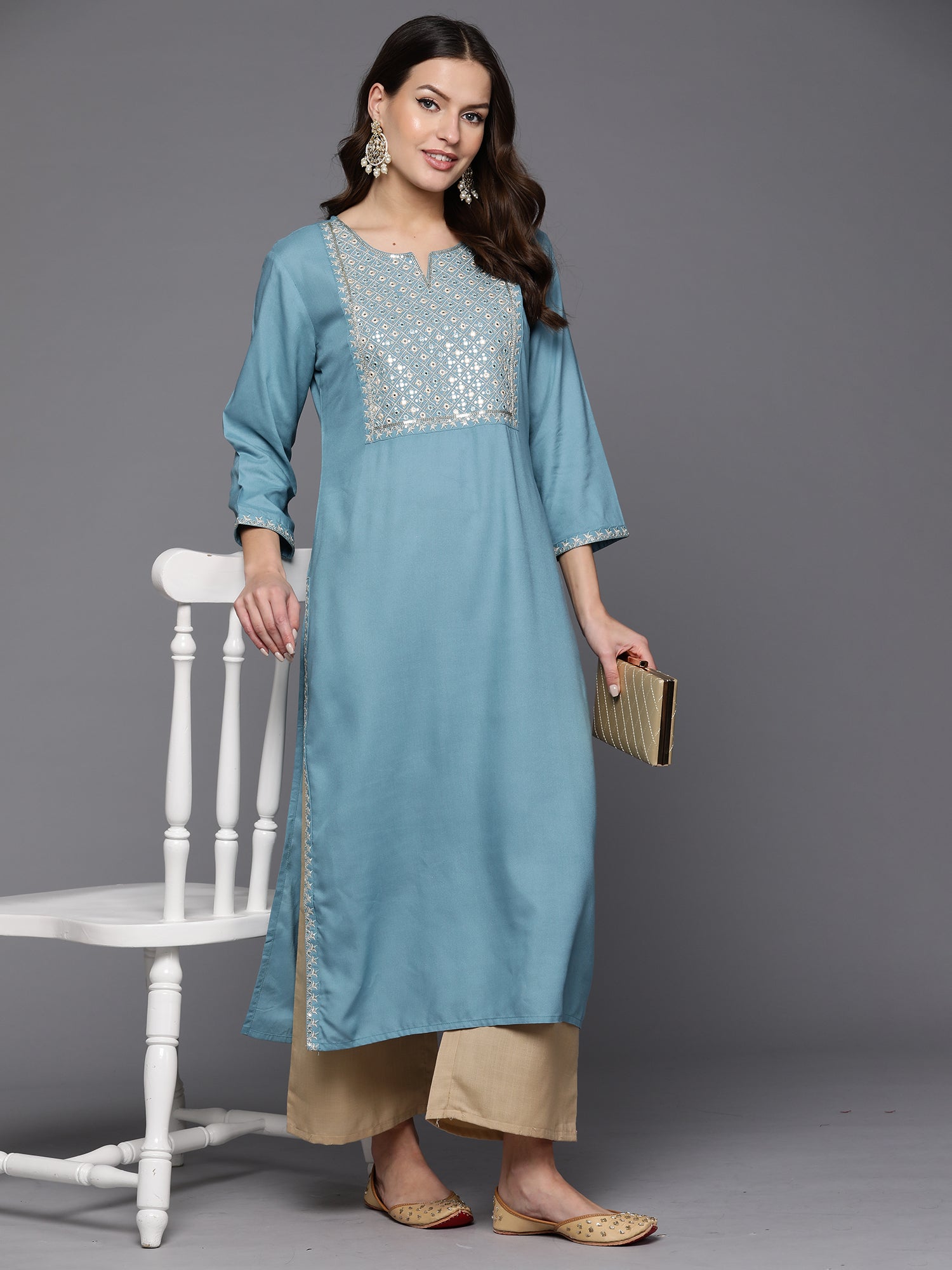 Women Blue Embroidered Straight Kurtas
