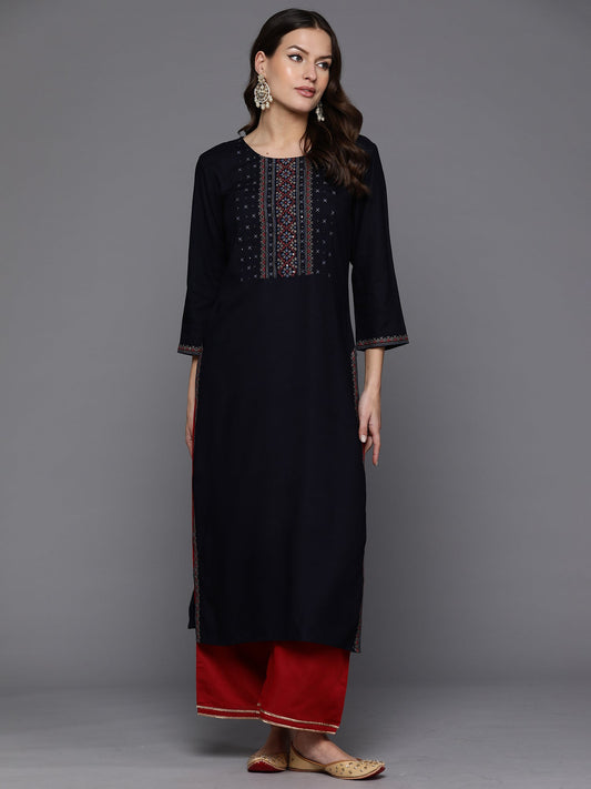 Women Navy Blue Embroidered Straight Kurtas