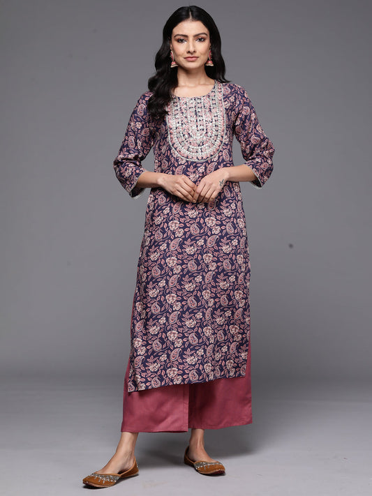 Women Navy Blue Printed Straight Kurtas