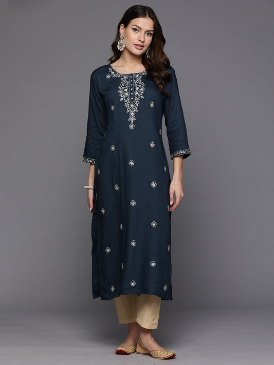 Women Teal Embroidered Straight Kurtas