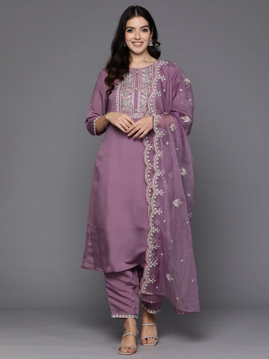 Women Lavender Embroidered Straight Kurta Trousers With Dupatta Set