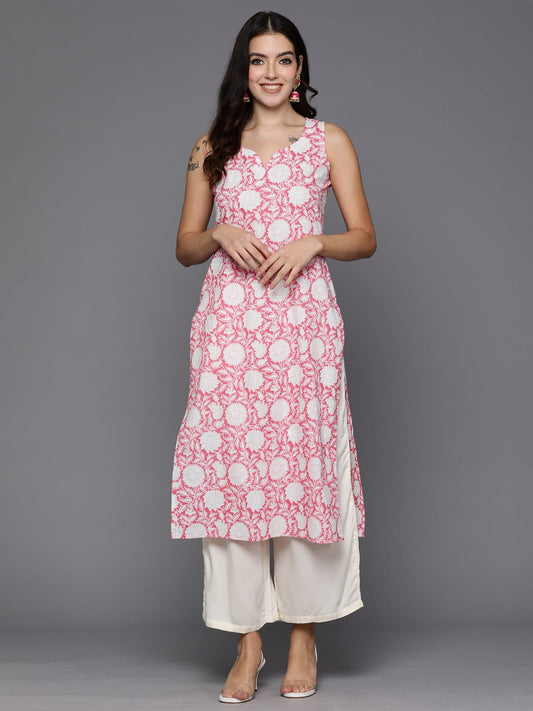 Women Pink Printed Straight Kurtas