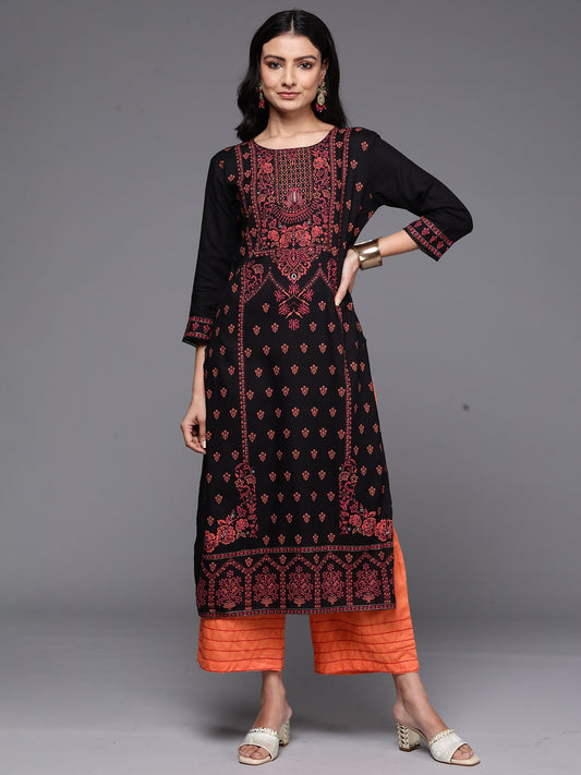 Women Black Printed Straight Kurtas