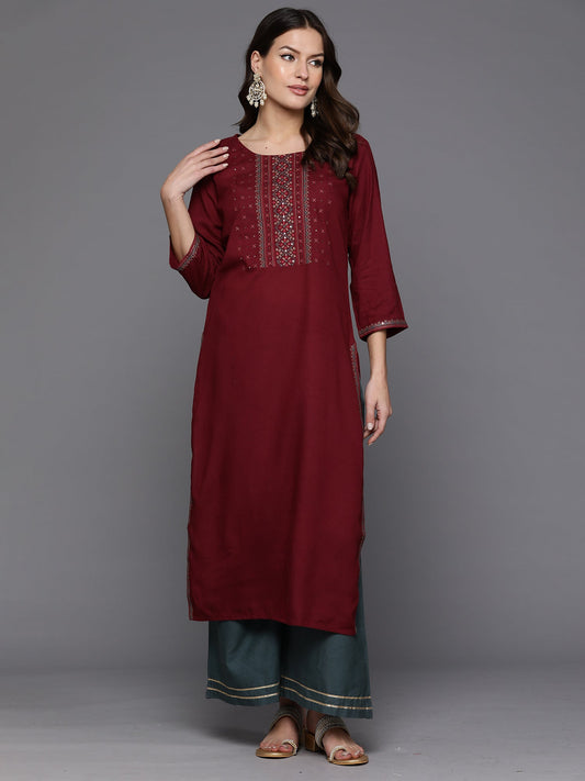 Women Burgundy Embroidered Straight Kurtas