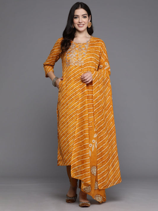 Women Mustard Printed Straight Kurta Trousers With Dupatta Set