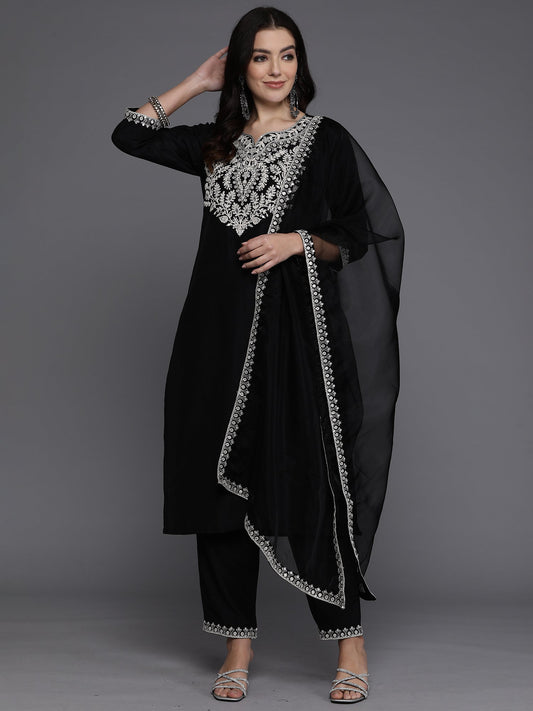 Women Black Embroidered Straight Kurta Trousers With Dupatta Set