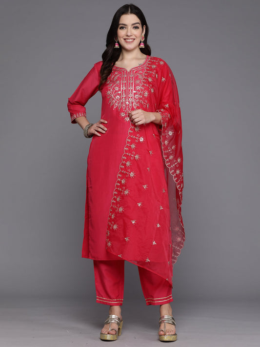 Women Pink Embroidered Straight Kurta Trousers With Dupatta Set