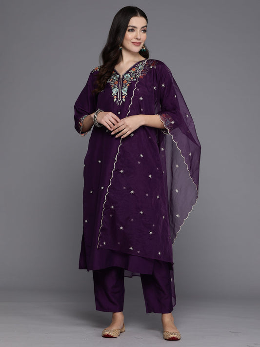 Women Purple Embroidered Straight Kurta Trousers With Dupatta Set