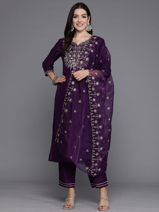 Women Purple Embroidered Straight Kurta Trousers With Dupatta Set