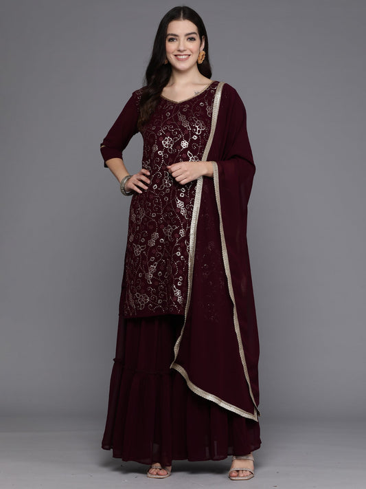 Women Purple Embroidered Straight Kurta Sharara With Dupatta Set