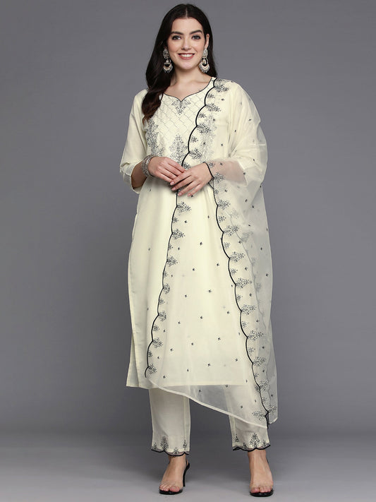 Women White Embroidered Straight Kurta Trousers With Dupatta Set