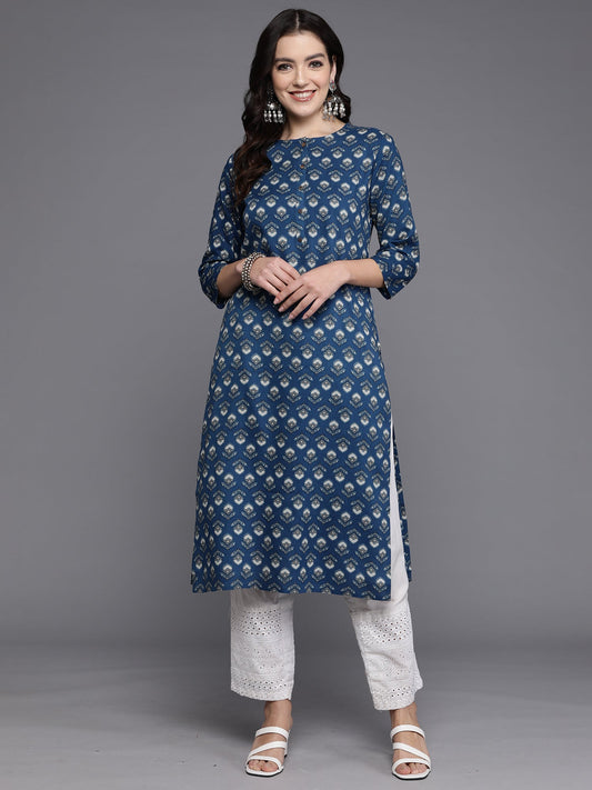 Women Navy Blue Printed Straight Kurtas